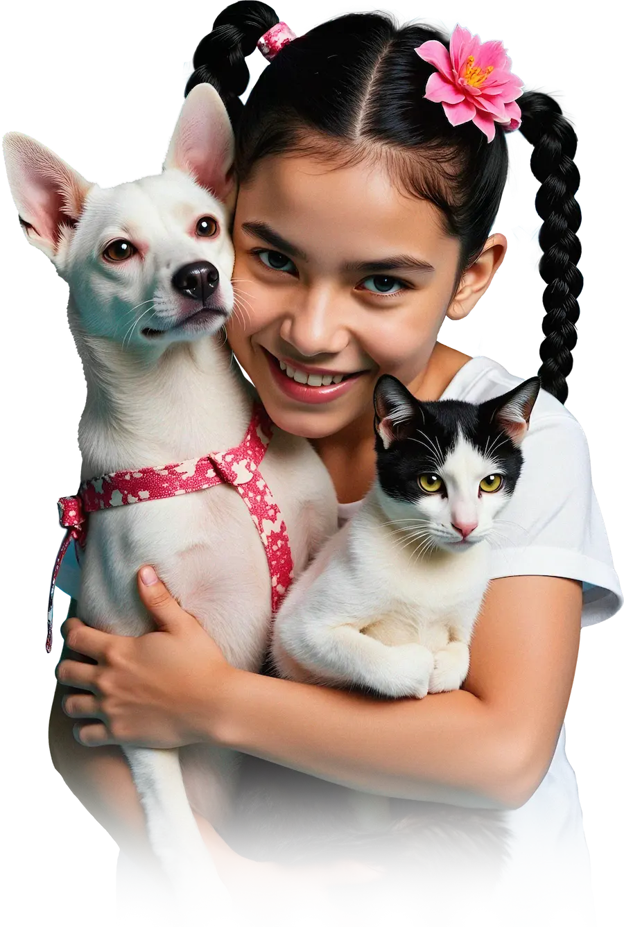 Menina abraçando cachorro e gato após encontrá-los com a Prolpet